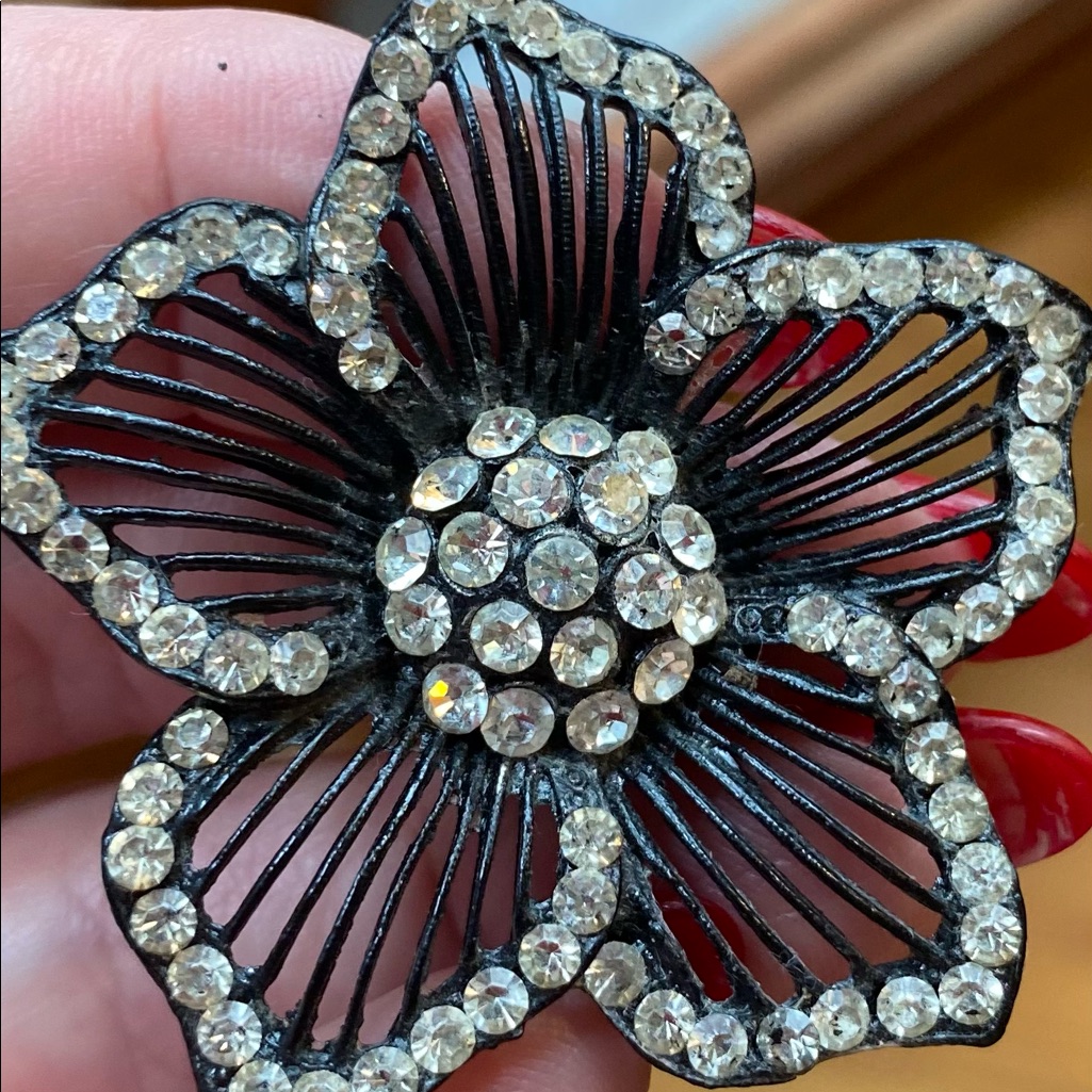 Thelma Deutsch Earrings: Crystal Earrings-Rhinestone Flowers Set In Black Metal